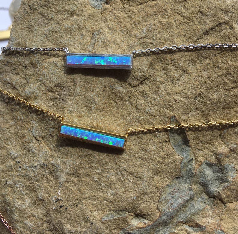 Blue Opal Bar Necklace with Silver or Gold Chain
