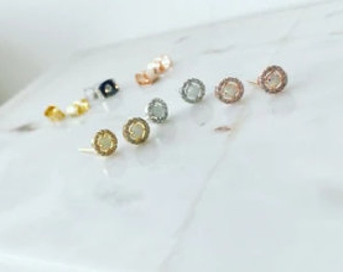 Pavé Opal Earrings, CZ Opal Earrings, Opal Stud Earrings, October Birthstone, Jushshop, JushShop