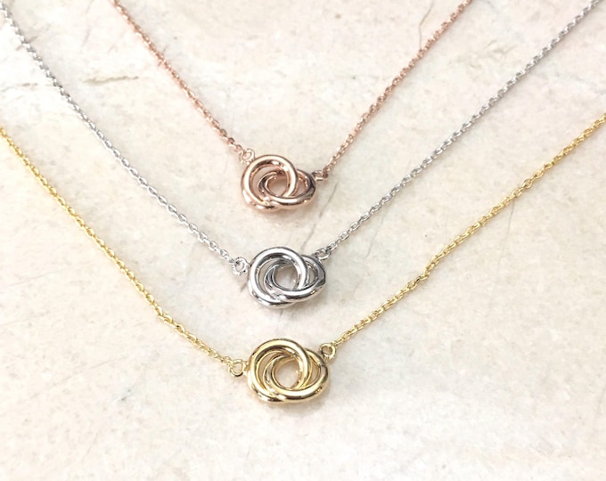 Minimalist Eternal Love Knot Necklace | Dainty Interlocking Circle Pendant in Silver, Gold, Rose Gold | Everyday Friendship Jewelry