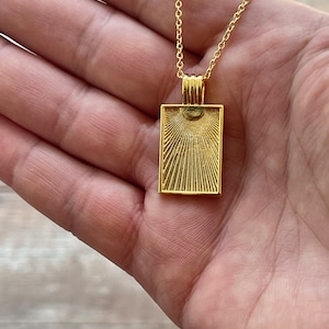 Fluted Sun Medallion Rectangle Pendant Chain Necklace, 18K Gold Plated, Rectangular Pendant, Celestial Charm Necklace, Sunbeam, Layering