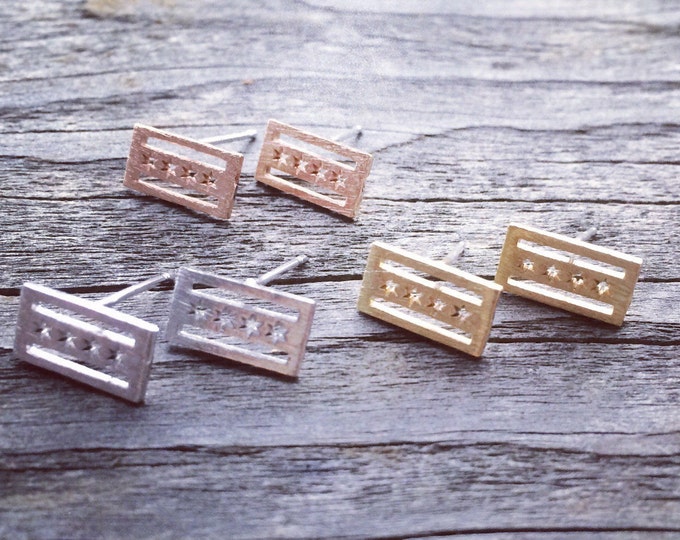 Chicago Flag Earrings, 18k Gold Plated Chicago Earrings, Hypo Allergenic Posts, Rhodium Silver Plated Chicago Earrings, Going Away Gift