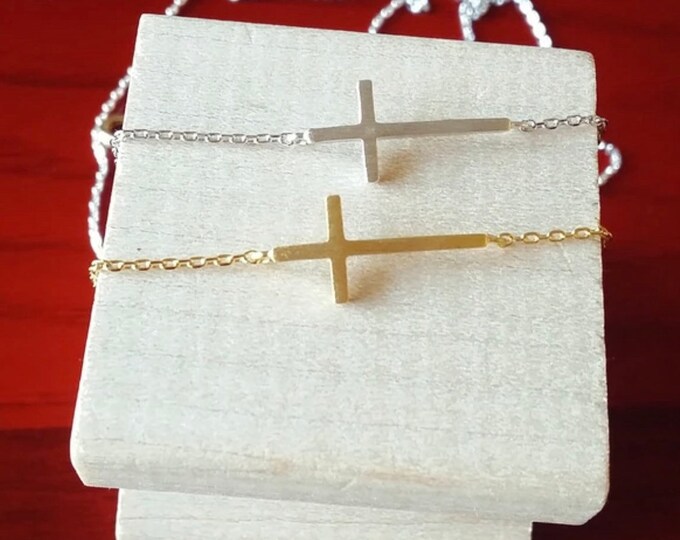 Cross Necklace, Sideways Cross Necklace, Silver Plated Cross Necklace, 18k Gold Plated Cross Necklace, Confirmation, Communion Gift