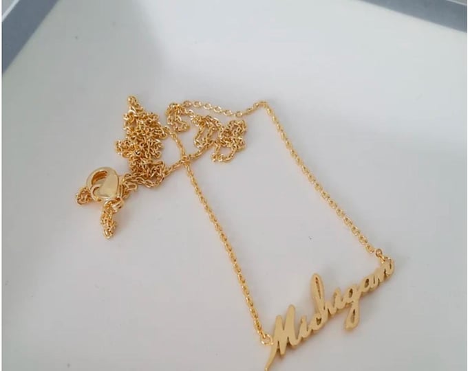 Michigan Necklace - State Name Pendant in Silver, Gold & Rose Gold, Minimalist State Jewelry, Michigan Gift for Her, Pure Michigan