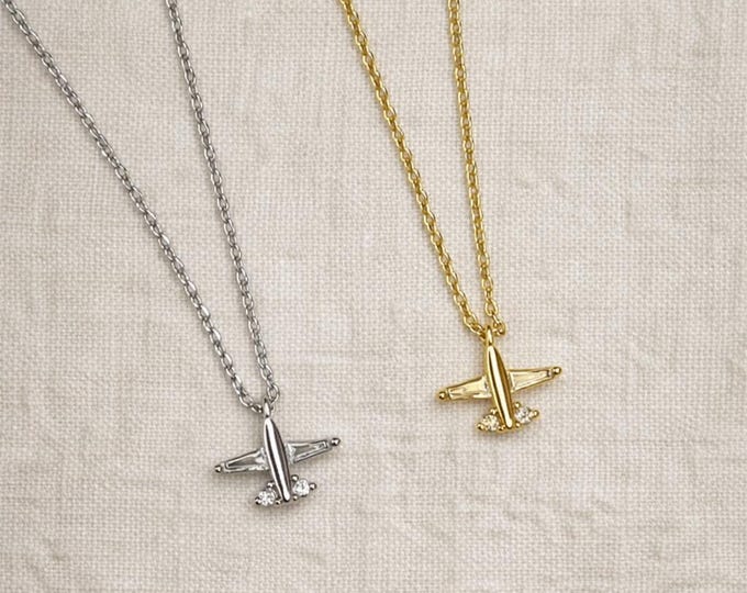 Airplane Necklace with CZ Stones – Tiny Gold or Silver Plane Pendant