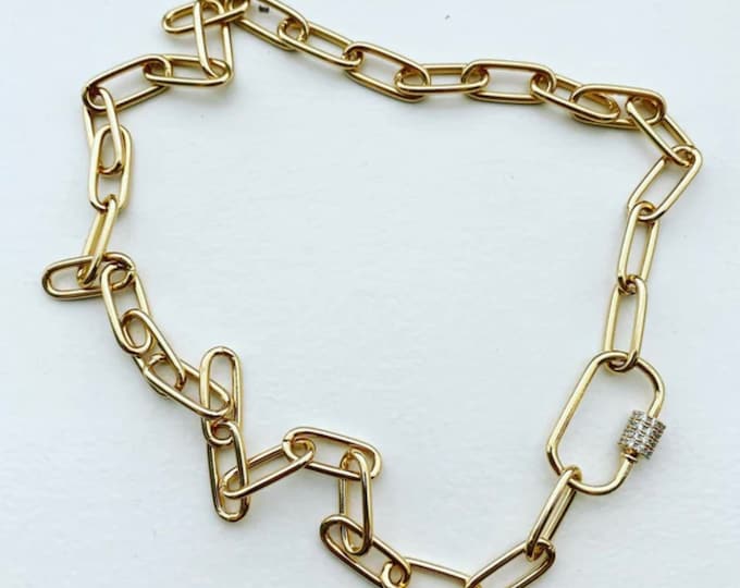 Gold Paperclip chain with Carabiner Lock