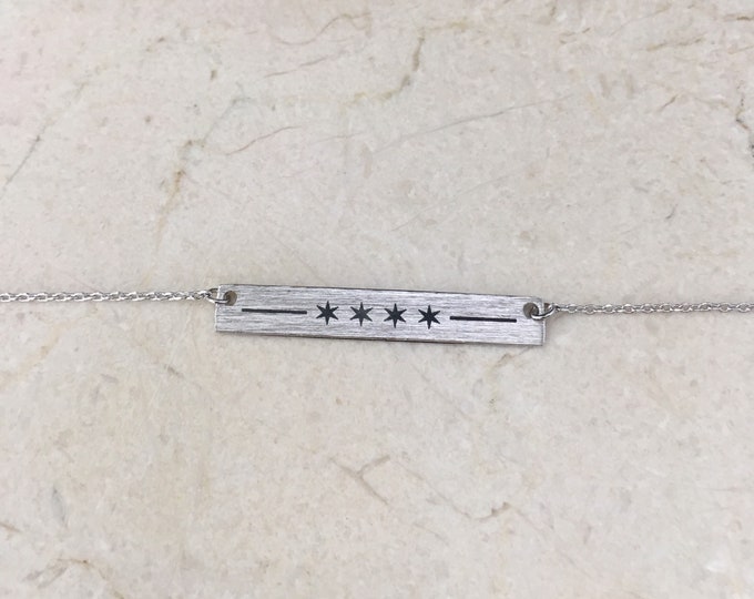 Chicago Flag Bar Necklace, Four Star Bar Necklace, Etched Silver Finish
