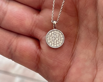 Silver Circle Disc Necklace, Silver Pave Disc Necklace, Silver Bling Circle Necklace, Disk Necklace