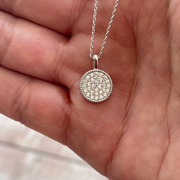 Silver Circle Disc Necklace, Silver Pave Disc Necklace, Silver Bling Circle Necklace, Disk Necklace