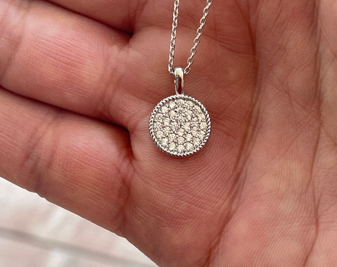 Silver Circle Disc Necklace, Silver Pave Disc Necklace, Silver Bling Circle Necklace, Disk Necklace