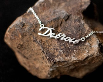 Detroit Necklace – Script City Name Necklace – Detroit Jewelry – Motor City Gift – Michigan Pride Necklace – Silver, Gold, Rose Gold