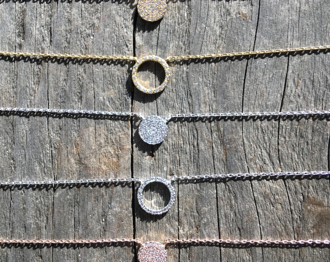 18k Gold Pave Circle Disc Necklace, Disc Necklace, Open Circle Necklace, Open O Circle Necklace with Pave Stones, Minimalist Necklace