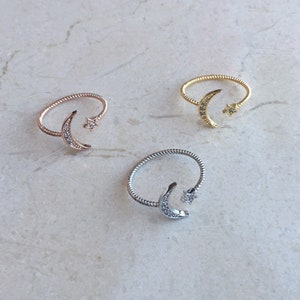 Moon and Star Ring, Adjustable Moon and Star Ring, Moon Jewelry, Star Jewelry, Adjustable Rings, 18k Gold Plated Ring, Perfect Gift