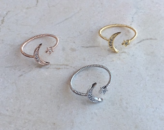 Moon and Star Ring, Adjustable Moon and Star Ring, Moon Jewelry, Star Jewelry, Adjustable Rings, 18k Gold Plated Ring, Perfect Gift