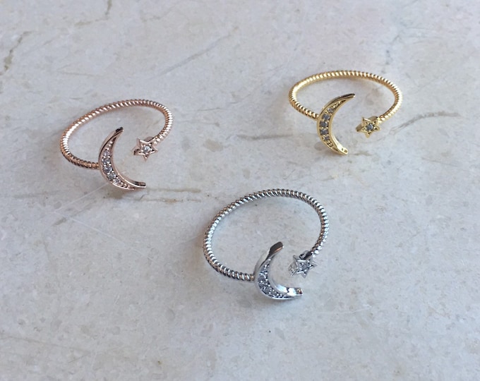 Moon and Star Ring, Adjustable Moon and Star Ring, Moon Jewelry, Star Jewelry, Adjustable Rings, 18k Gold Plated Ring, Perfect Gift
