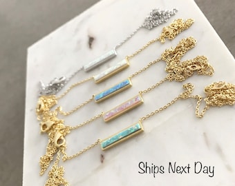 Opal Bar Necklace with Stunning Opal Inlay and Modern Style, Opal Bar Pendant Necklace with Elegant and Simple Design, October Birthday Gift