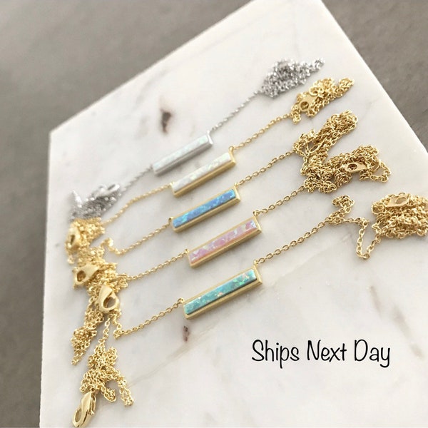 Opal Bar Necklace with Stunning Opal Inlay and Modern Style, Opal Bar Pendant Necklace with Elegant and Simple Design, October Birthday Gift