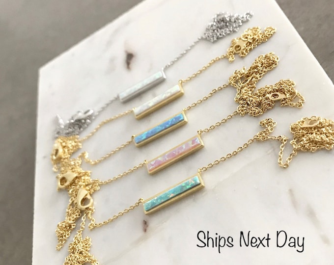 Opal Bar Necklace with Stunning Opal Inlay and Modern Style, Opal Bar Pendant Necklace with Elegant and Simple Design, October Birthday Gift