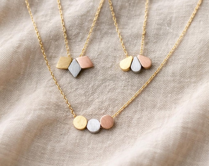 Minimalist Geometric Necklace, Mixed Metal Trio Necklace, Gold Silver Rose Gold Pendant, Circle Teardrop Diamond Stars Dainty Necklace