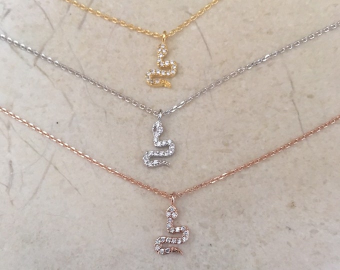 Snake Necklace, Dainty Snake Charm Necklace with Pave Stones, 18k Gold Plated Snake, Rhodium Silver Snake Charm Necklace, Snake Lover Gift