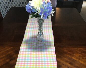 Spring Table Runner, Table Runner Spring, Spring Table Topper, Spring Plaid Fabric, Pastel Table Runner, Reversible Table Runner, OOAK