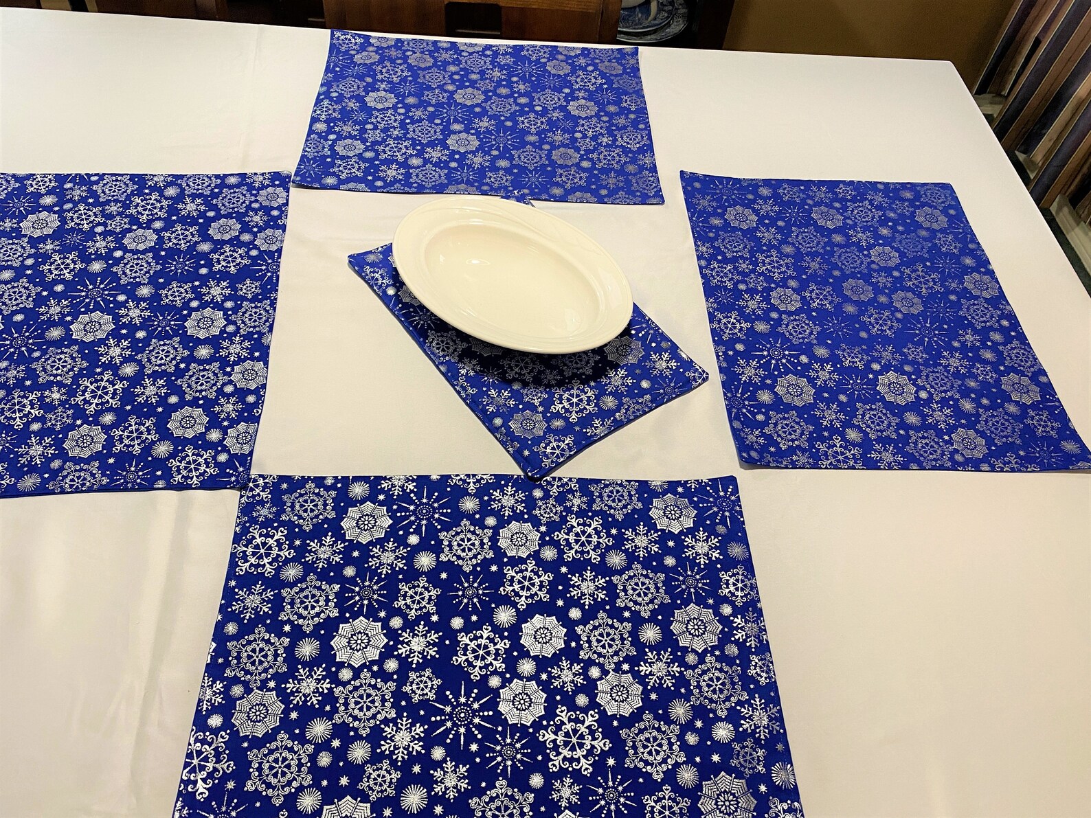 Royal Blue Placemats Winter Placemats Silver Snowflakes Etsy