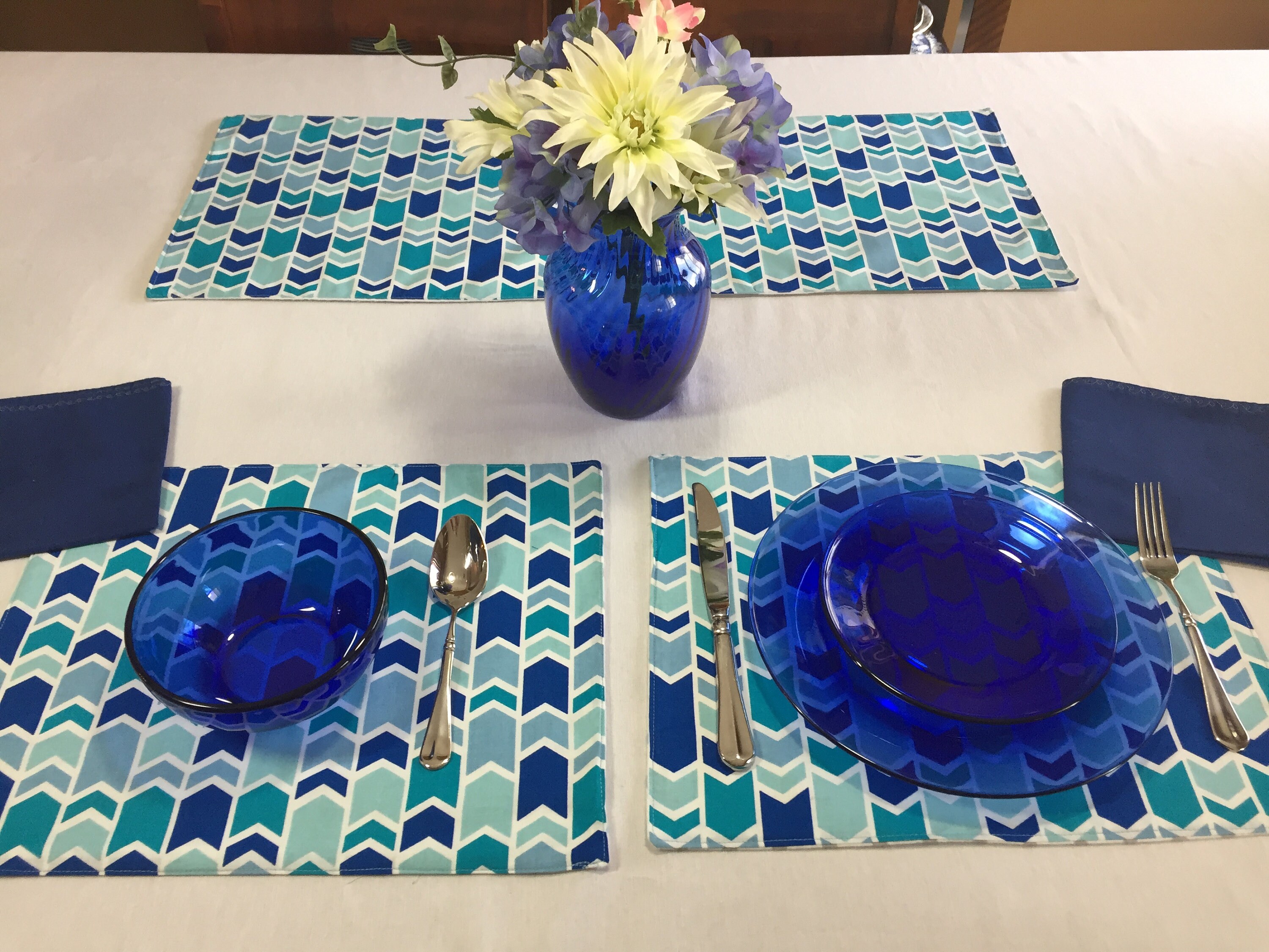 Blue Placemats Chevron Fabric Geometric Print Table Mats