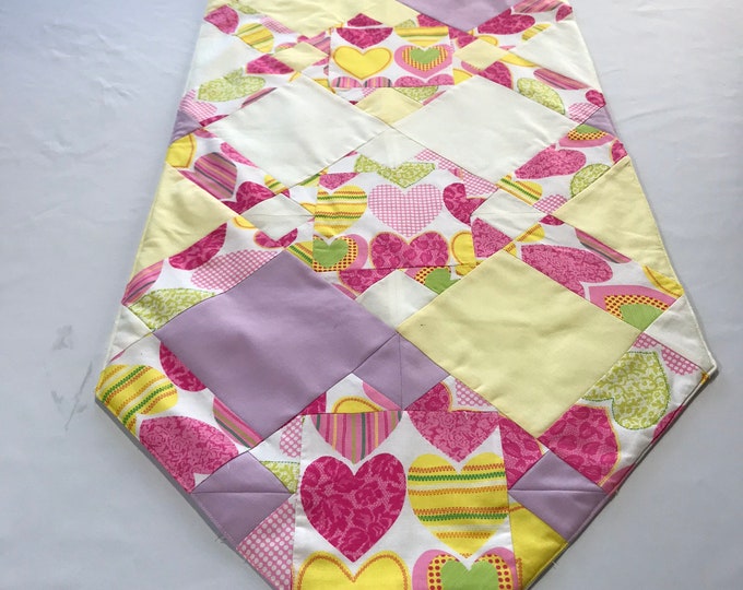Valentines Day Runner, Valentines Table Runner, Pink and Yellow Runner, Valentines Day Gifts For Her, Sweetheart Gifts, Patchwork Runner