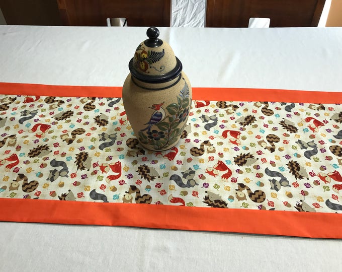 Dining Table Runner, Dining Table Decor,Fall Dining Table Decor, Woodland Creatures, Falling Leaves, Rustic Table Runner,Fun Table Runner