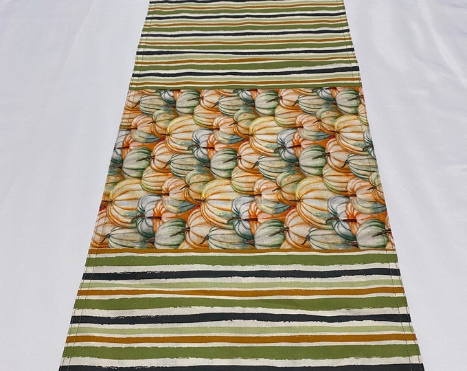 Pumpkin Table Runner, Fall Table Runner, Reversible Table Runner, Striped Pumpkins, Pumpkin Table Decor, Orange and Green Stripes