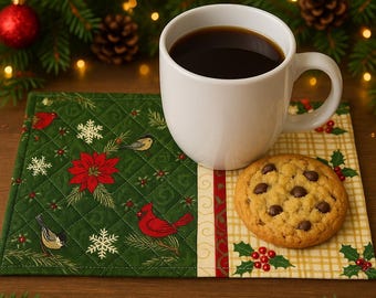 Handmade Quilted Christmas Mug Rug – Festive Cardinal, Poinsettia & Holly Coaster Mat