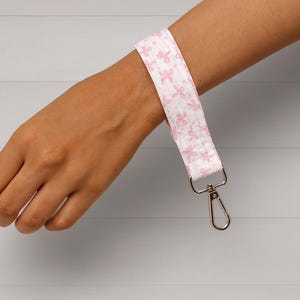 Pink Bow Wristlet Keychain – Handmade Fabric Key Fob, Wrist Strap for Keys & ID