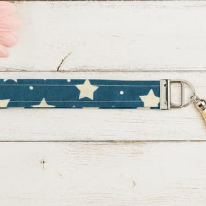 Blue Star Wristlet Keychain with Tassel – Fabric Key Fob, Handmade Gift