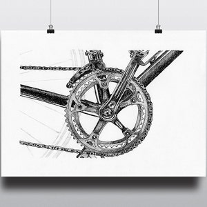 Bicycle Art Print, Bike Art Print, Vintage Bicycle Art : Vintage Crankset and Drivetrain