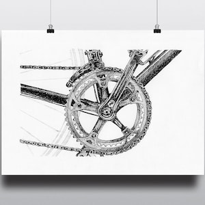 Bicycle Art Print, Bike Art Print, Vintage Bicycle Art : Vintage Crankset and Drivetrain