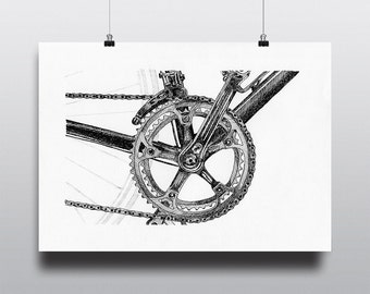 Bicycle Art Print, Bike Art Print, Vintage Bicycle Art : Vintage Crankset and Drivetrain