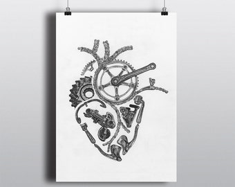 Bicycle Art Print, Bike Art Print, Vintage Bike Art : Anatomical Cycling Heart