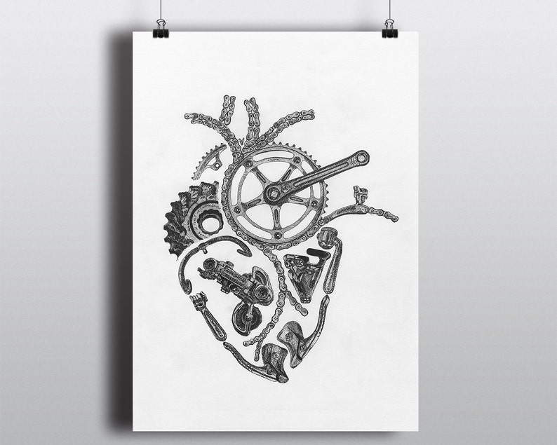 May include: A black and white illustration of a heart made of bicycle parts, including a chain, gears, and a crank.