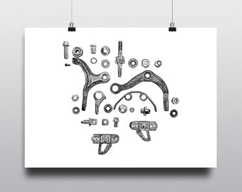 Bicycle Art Print, Bike Art Print, Vintage Campagnolo : Disassembled Brake Caliper