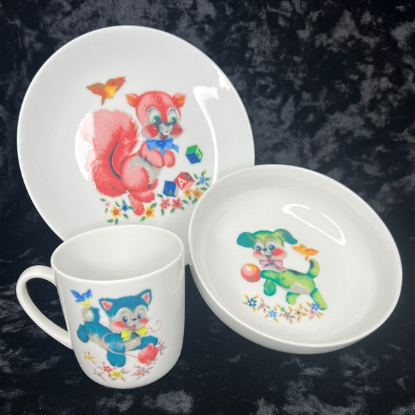 3 pc Vintage Arzberg Germany Children's Dishes Cup Plate and Bowl Set with Cat Bear Squirrel and Dog