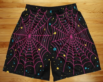スパイダーウェブメッシュバスケットボールショーツ - ストリートウェアスタイル、Y2K風アスレチックショーツ、フェスティバルに最適