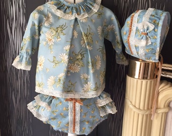 Newborn Baby Girl  Piece Outfit Daisy Shirt Diaper Cover And Bonnet Baby Spanish Handmade Clothes Autumn Fall Childrens Wear Baby Gift