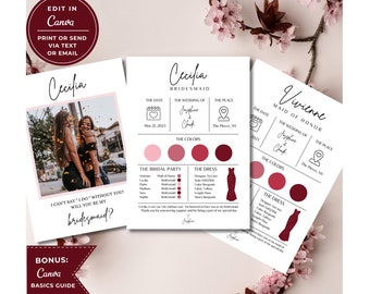 Canva Editable Bridesmaid Info Card Template, Canva Template, Bridal Party Info Card, Bridesmaid Maid of Honor Information Card Proposal