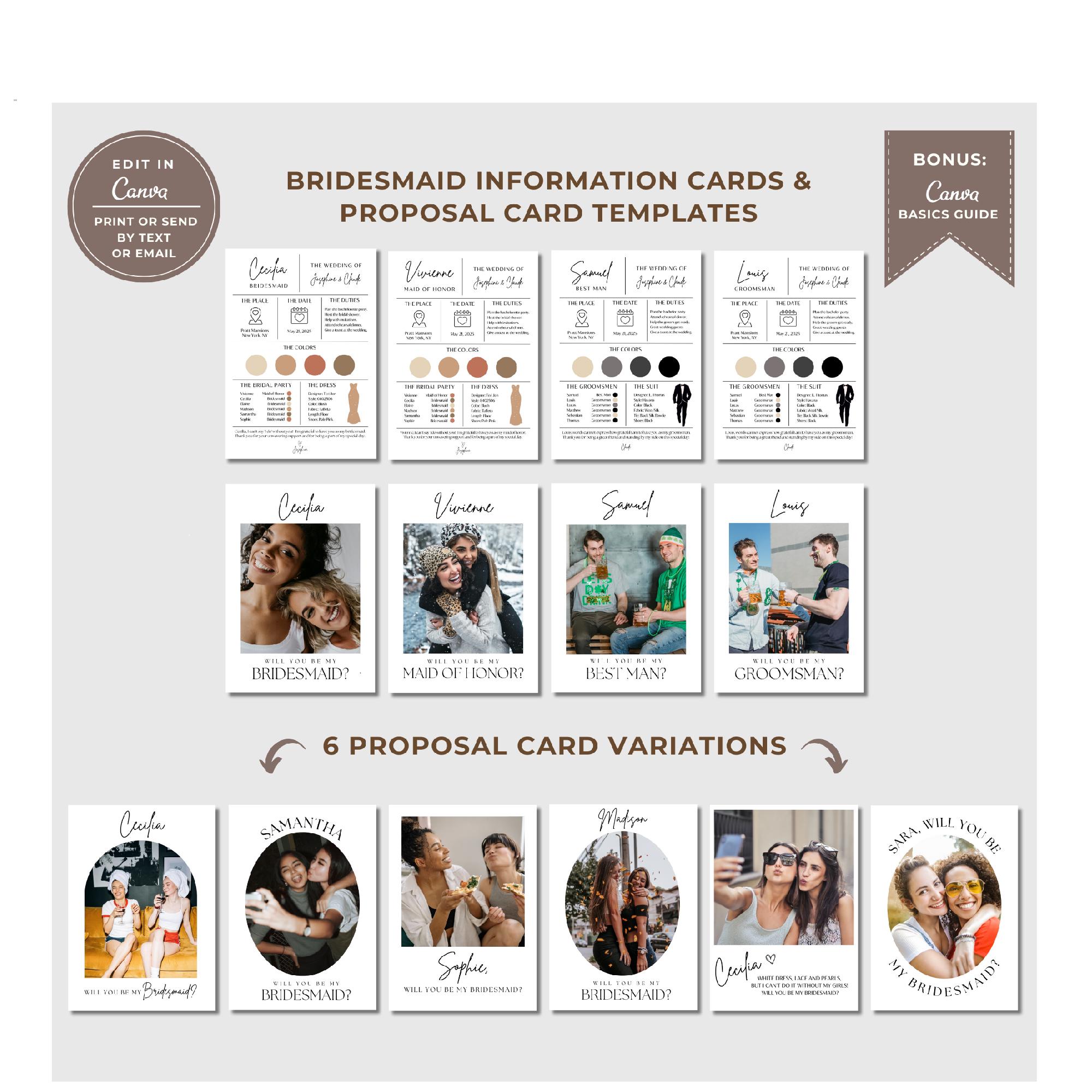 Canva Editable Bridesmaid Info Card Template, Canva Template, Bridal Party Info Card, Bridesmaid Maid of Honor Information Card