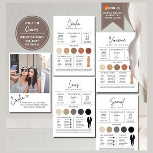May include: A collection of wedding invitation templates, including bridesmaid, maid of honor, groomsman, and best man cards. Each card features a color palette, date, location, and a photo. The text "Edit in Canva" is visible.