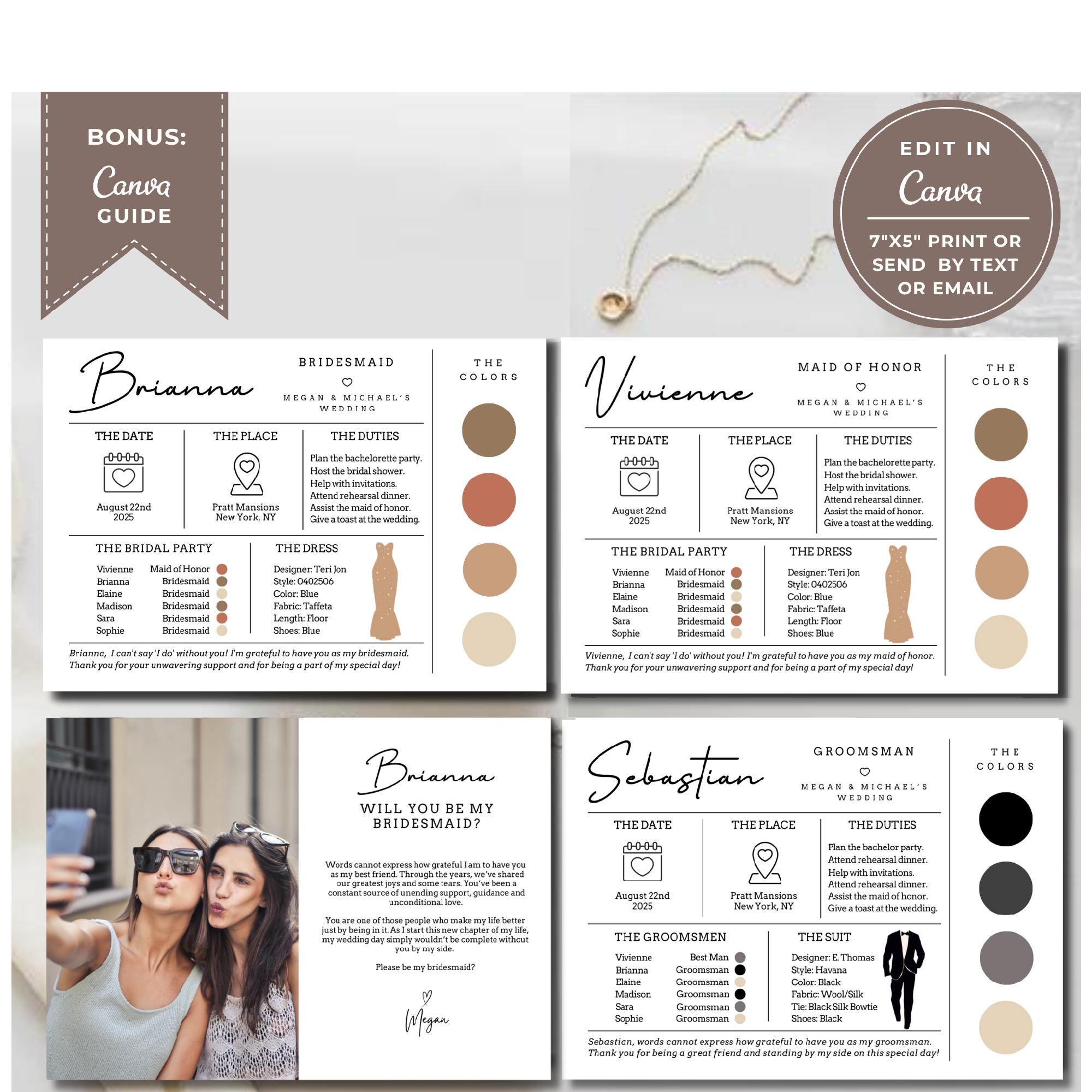 Canva Editable Bridesmaid Info Card Template, Bridesmaid Proposal, Canva Template, Bridal Party Info Card, Maid of Honor Information Card