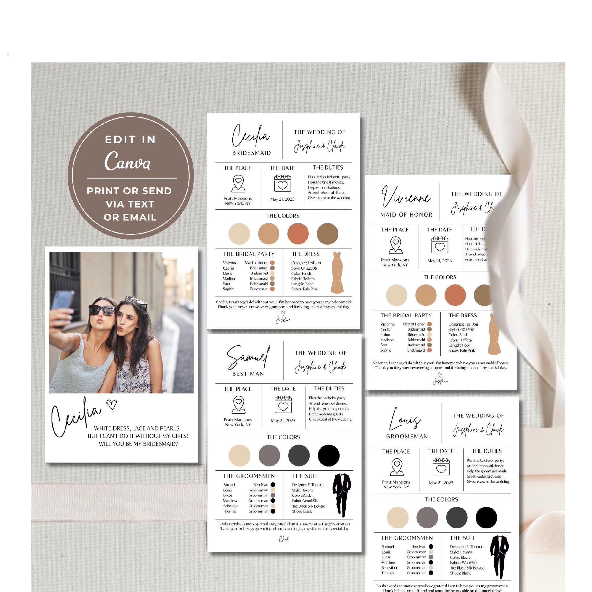 Canva Editable Bridesmaid Info Card Template, Bridesmaid Proposal, Maid of Honor Groomsman Cards, Bridal Party Information Card Template