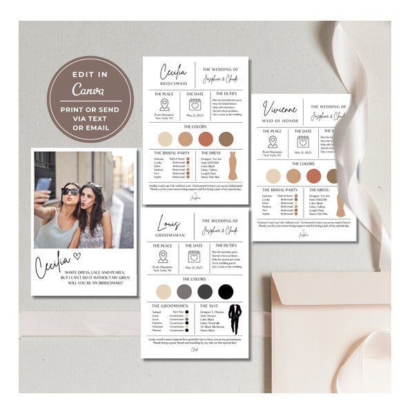 Canva Editable Bridesmaid Info Card Template, Canva Template, Bridal Party Info Card, Bridesmaid Maid of Honor Information Card