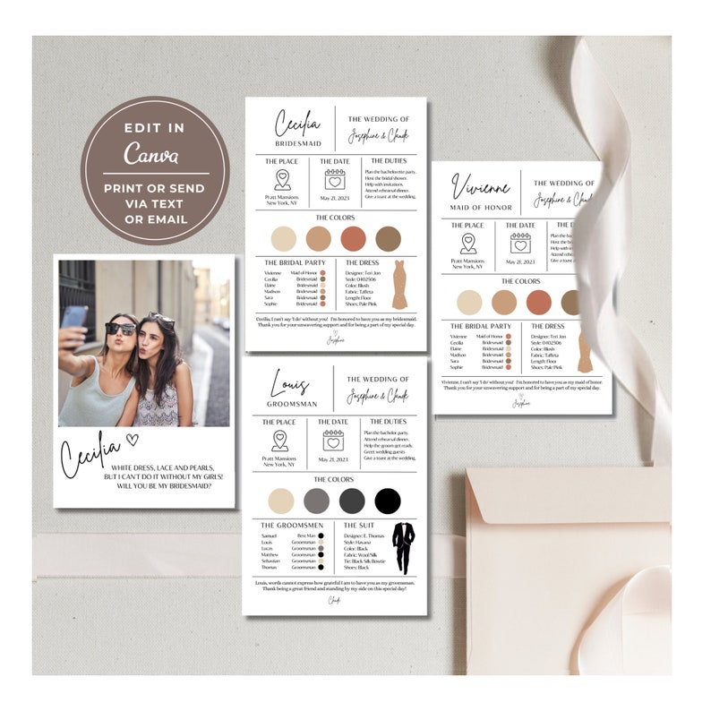 Canva Editable Bridesmaid Info Card Template, Canva Template, Bridal Party Info Card, Bridesmaid Maid of Honor Information Card image 1