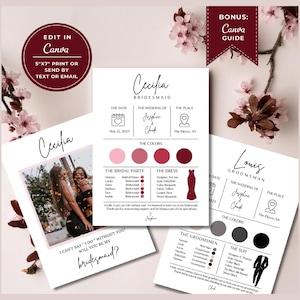 May include: Wedding invitation suite with a floral background. The suite includes bridesmaid and groomsman cards, a Canva guide, and a card that says "I can't say I do without you, will you be my bridesmaid?"