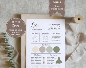 Canva Editable Bridesmaid Info Card Template, Canva Template, Bridal Party Info Card, Bridesmaid Information Card